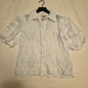 Farm Rio White Embroidered Short Sleeve Blouse, XS